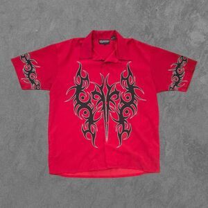 Y2K Sapphire Lounge Flame Print Short Sleeve Button Front Shirt Men's XL Grunge